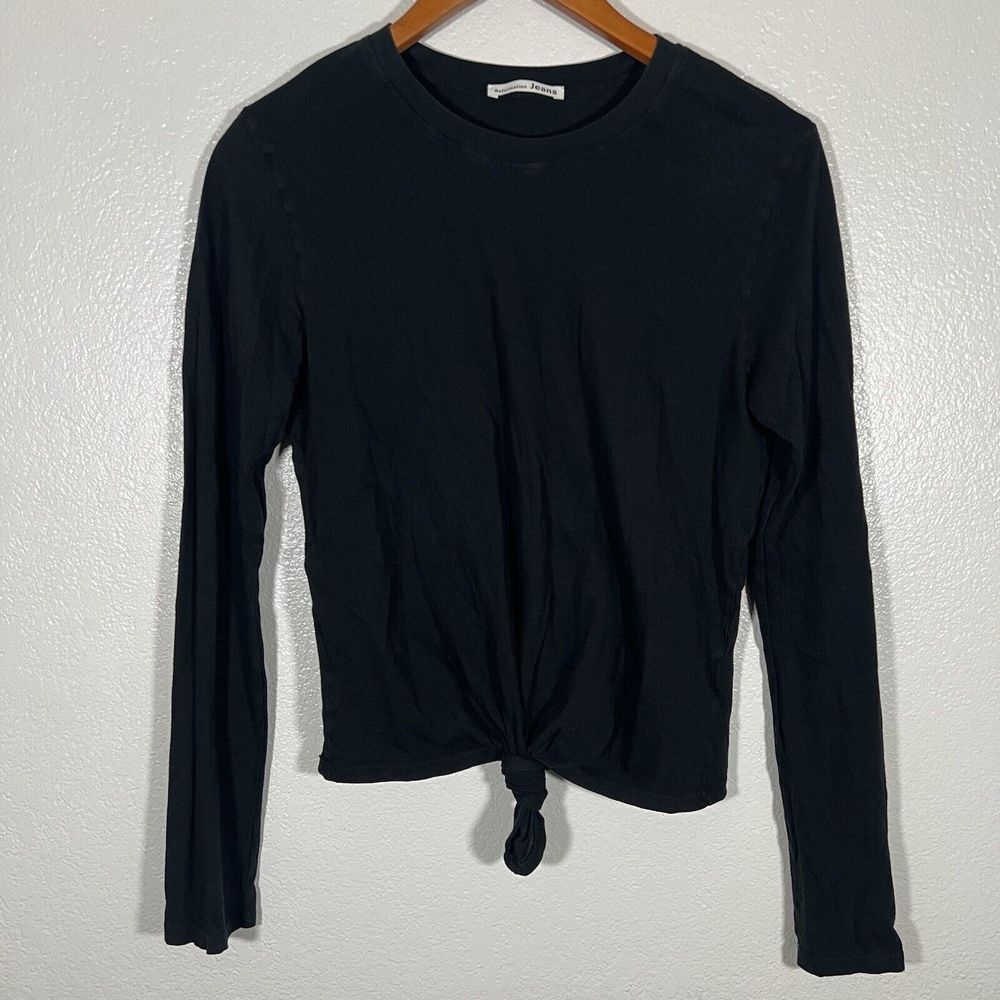 Reformation Jeans Organic Cotton Tie Front Black Long Sleeve Shirt Closet Basic - Picture 2 of 7